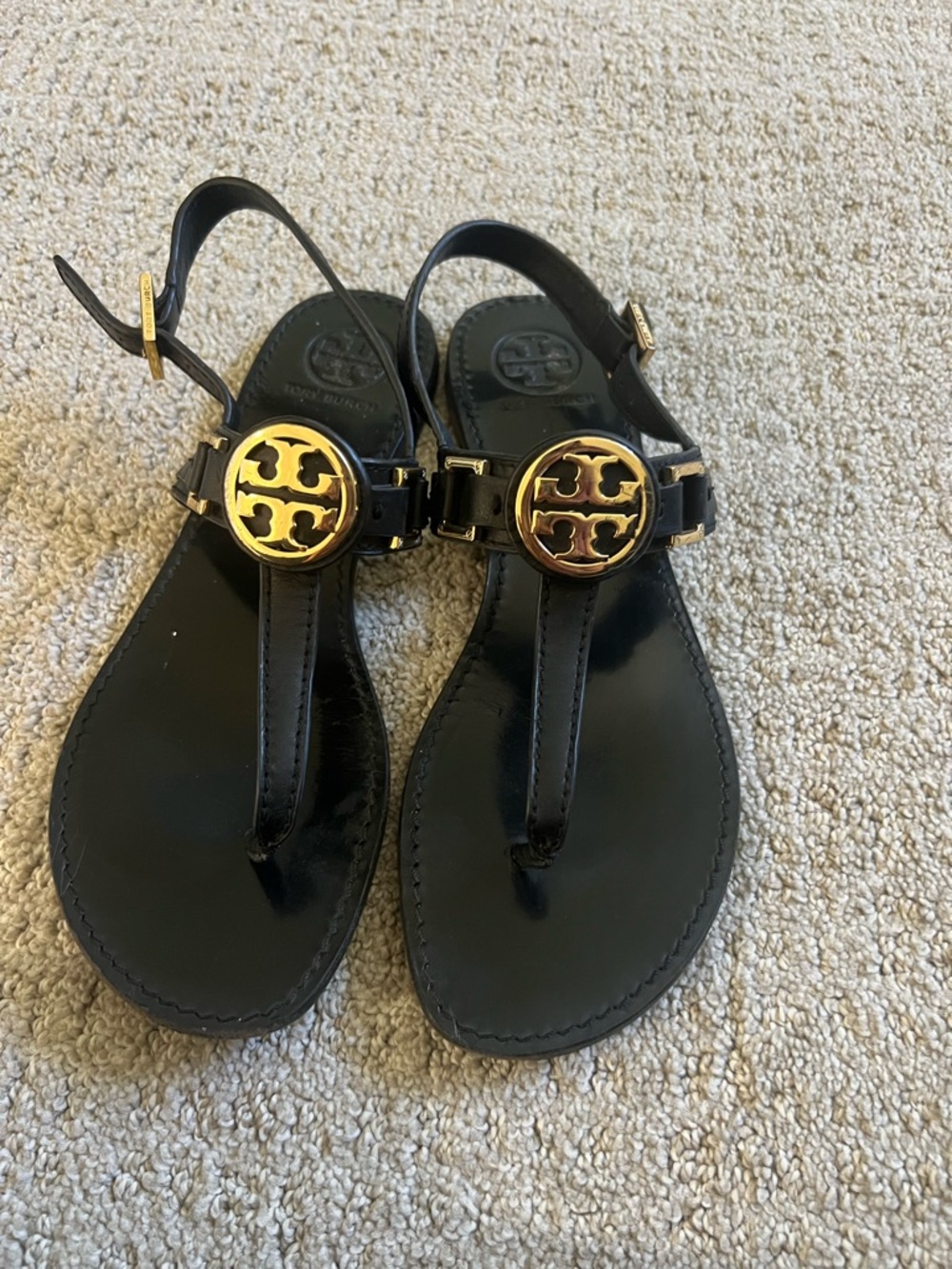 Tory Burch Black Leather Thong Sandals with Gold Logo Medallions